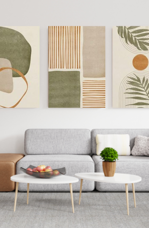 Ensemble de 3 tableaux triptyques au style abstrait et bohème, mêlant formes géométriques