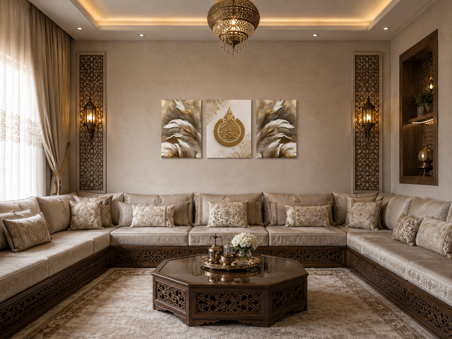 Tableaux Décoratifs Luxueux - Calligraphie Islamique Dorée et Motifs de Plumes sur Toile Canvas avec Châssis Invisible - Image 2