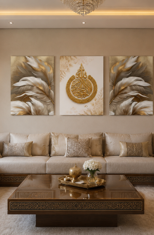 Tableaux Décoratifs Luxueux - Calligraphie Islamique Dorée et Motifs de Plumes sur Toile Canvas avec Châssis Invisible