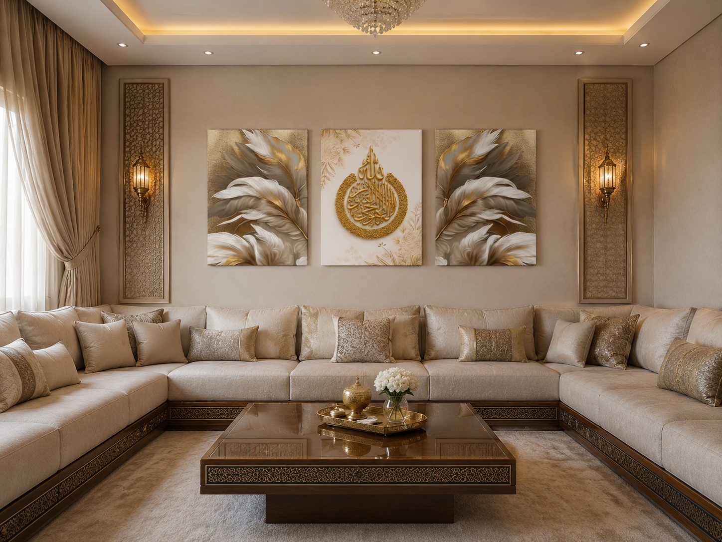 tableaux-decoratifs-luxueux-calligraphie-islamique-doree-et-motifs-de-plumes-sur-toile-canvas-avec-chassis-invisible