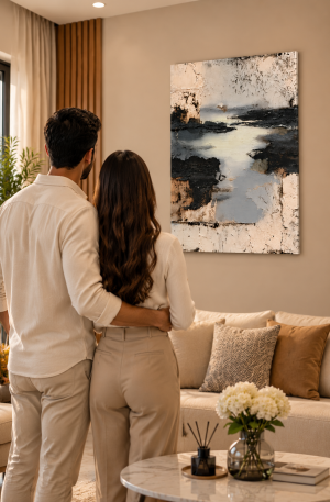 Tableau abstrait moderne noir, gris et beige | Artistige - 60 x 90 cm