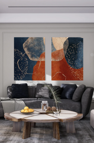 Lot de 2 Tableaux Abstraits Modernes – Décoration Murale Bleu, Terracotta et Beige